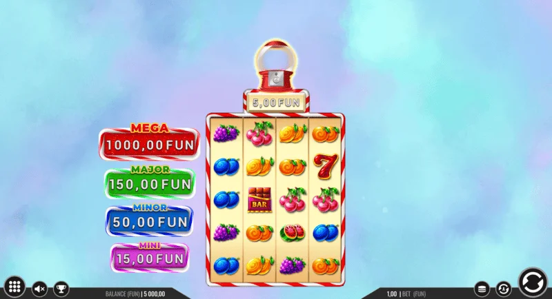 Sweet Candy Cash Stash - zaslon za igru s valjcima i kontrolnim gumbima
